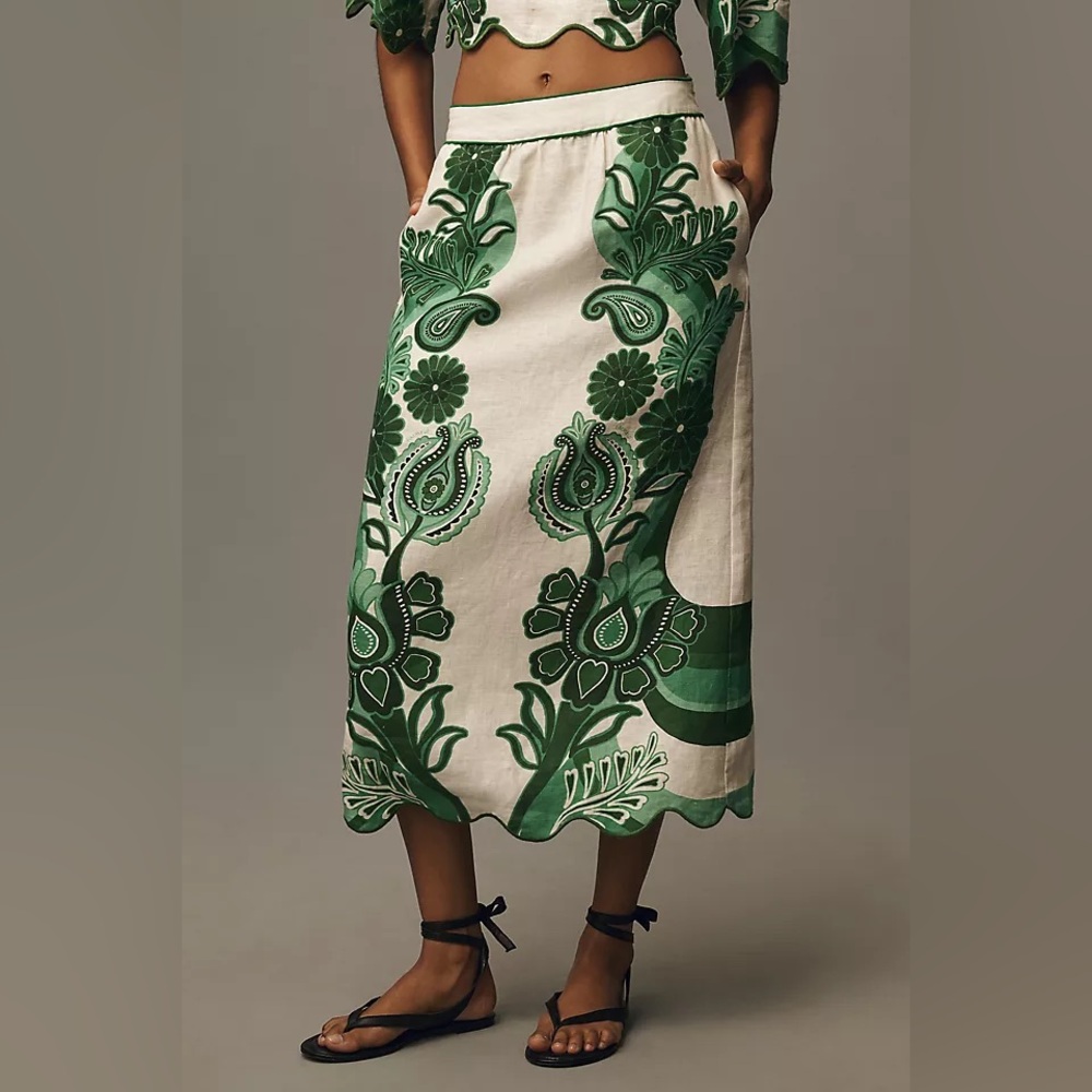 Farm Rio Scalloped Printed Linen Midi Skirt L